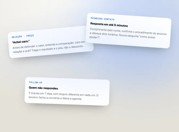 Cartões de script e objeção usados no treinamento